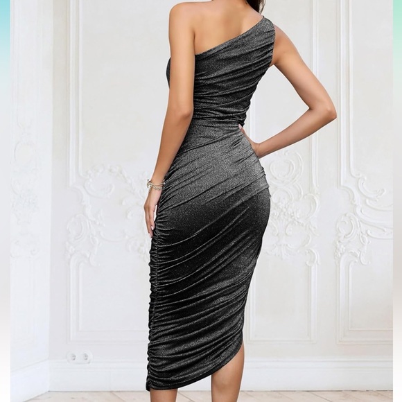 One Shoulder Navy Blue Glitter Cocktail Dress - Picture 2 of 7